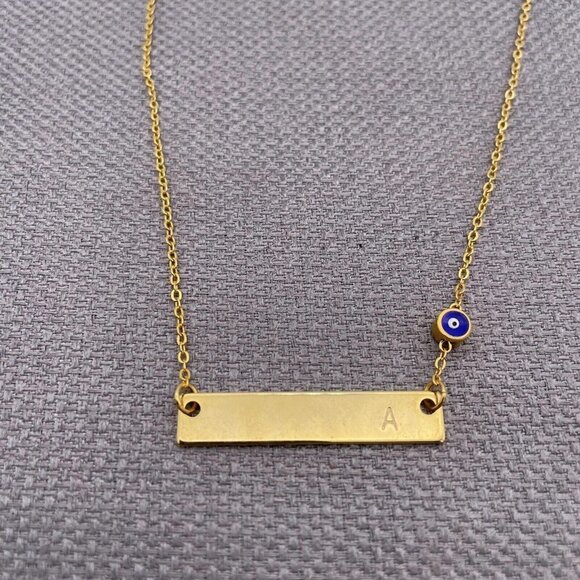 A Initial Horizon Bar Evil Eye Link Chain Necklace Gold Tone - Picture 4 of 6